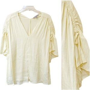 Grey & Gray Light Yellow Silky Blouse Ruched Shoulders Size XL